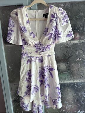 B Darlin White Mini Dress with Lavender Floral Print